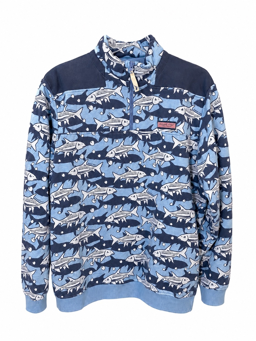 Vineyard Vines 1/4 Zip Pullover Shep Shirt Blue Fish Print Men’s Medium Preppy
